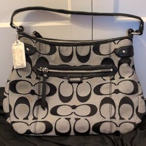Coach Black & Gray Signature Jacquard Shoulder Bag with Front Zip